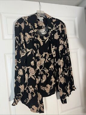 2pc Black Floral Blouse - Black/Cream with matching tank top